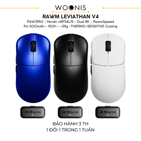 Chuột Gaming Không Dây RAWM Leviathan V4, Cảm Biến PAW3950, Nordic nRF54L15, Dual 8K, RawmSpeeed, Pin 500mAh, 150H, ~55g, Lớp Phủ THERMO-SENSITIVE