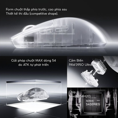 Chuột Gaming Không Dây ATK ZERO Series, Nordic 54H20, PAW 3950 Ultra, Delay 0.163ms, 800mAh, 39g±3g, Dongle GEM 8K