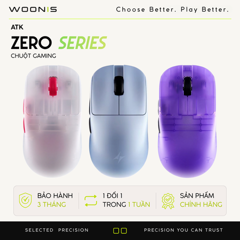 Chuột Gaming Không Dây ATK ZERO Series, Nordic 54H20, PAW 3950 Ultra, Delay 0.163ms, 800mAh, 39g±3g, Dongle GEM 8K