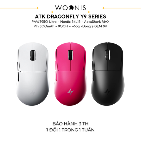 Chuột Gaming Không Dây ATK Dragonfly Y9 Series, PAW3950 Ultra, Nordic 54L15, ApexShark MAX, Pin 800mAh , 800H, ~55g, Dongle GEM 8K