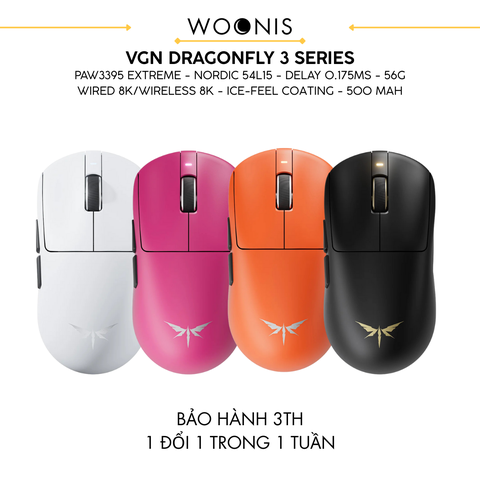 Chuột Gaming Không Dây VGN Dragonfly 3 Series, PAW3395 Extreme, Nordic 54L15, Delay 0.175ms, 56g, Lớp Phủ Ice-Feel Coating, Pin 500mAh