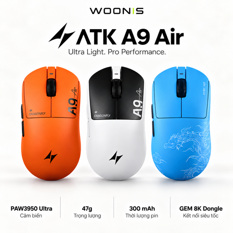 Chuột Gaming ATK A9 Air Chuột Không Dây Nhẹ 53g, Cảm Biến PAW3950 Ultra, Polling Rate 8000Hz - Hiệu Suất Đỉnh Cao Cho Game Thủ