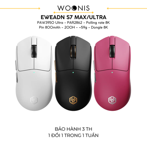 Chuột Gaming Không Dây Eweadn S7 Series, PAW 3950, PAR2862, Polling rate 8K, Pin 800mAh, Lớp phủ Nano Ice Skin