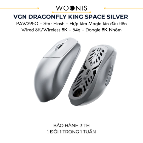 Chuột Gaming Không Dây VGN Dragonfly King Space Silver Hợp kim Magie Siêu nhẹ 54g, Cảm biến PAW3950, Chip Star Flash, Pin 500mAh