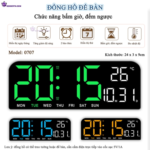 Đồng Hồ LED Điện Tử Để Bàn Gắn Tường Có Chức Năng Báo Thức, Đếm Ngược, Bấm Giờ, Đo Nhiệt Độ - 0707