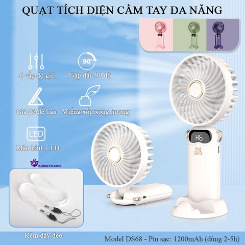 Quạt Cầm Tay Tích Điện Đa Chức Năng Ba Trong Một Có Đế Tháo Rời DS68