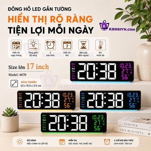 Đồng Hồ LED Điện Tử Decor 17 inch Kích Thước Lớn Găn Tường Treo Tường Có Remote Bấm Giờ Đếm Ngược - 6670