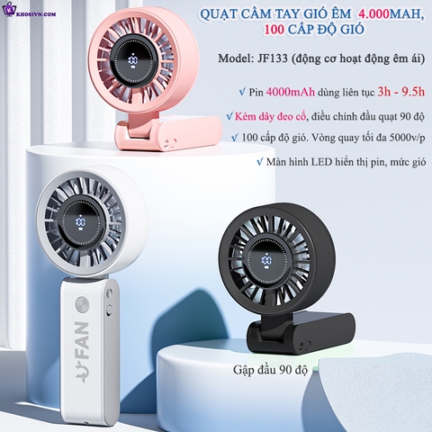 Quạt Cầm Tay Tích Điện Mini Gió Mạnh 100 Cấp Gập 90 Độ Kèm Dây Đeo Cổ JF133