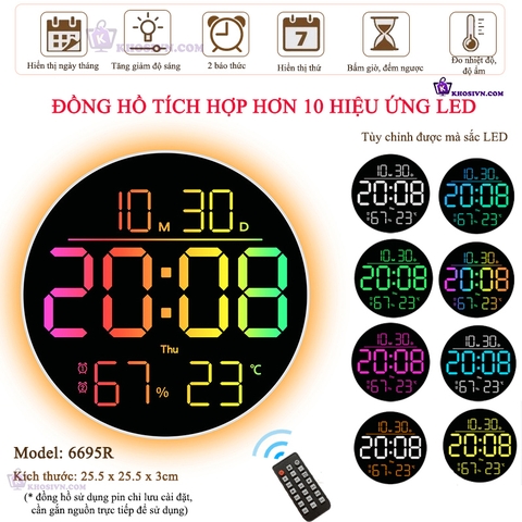 Đồng Hồ LED Decor Điện Tử Treo Tường Hình Tròn Tùy Chỉnh Được Màu LED - 6695R