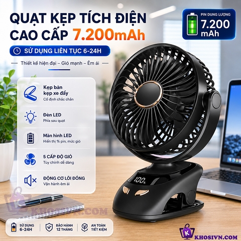 Quạt Kẹp Bàn Tích Điện Kẹp Xe Đẩy Cho Bé Sạc Pin Trâu 7.200mAh Có Đèn Màn Hình LED 5 Cấp Độ Gió - N33