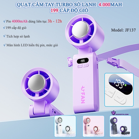Quạt Cầm Tay Tích Điện Mini Gió Mạnh Turbo Tích Hợp Sò Lạnh JF137
