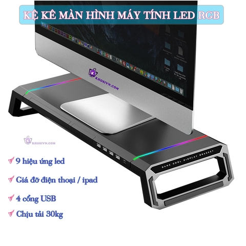 Kệ Để Màn Hình Máy Tính Cao Cấp Trang Bị LED RGB Đa Cổng Kết Nối, Kệ Màn Hình Decor Bàn Làm Việc T1