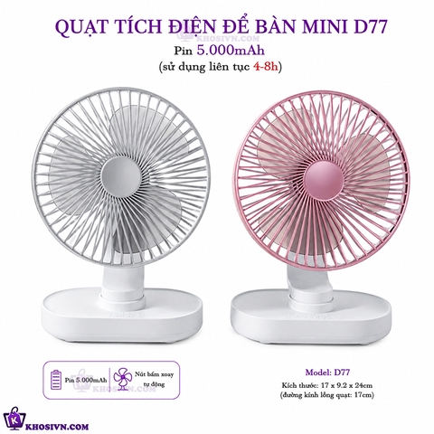 Quạt Để Bàn Văn Phòng Tích Điện Mini Gió Mạnh Pin Trâu 5000mAh Tự Động Xoay D77