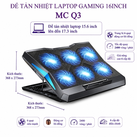 Đế Tản Nhiệt Laptop Gaming 16inch 2 Cổng Có 6 Cánh Quạt Gió Mạnh Không Ồn MC Q3