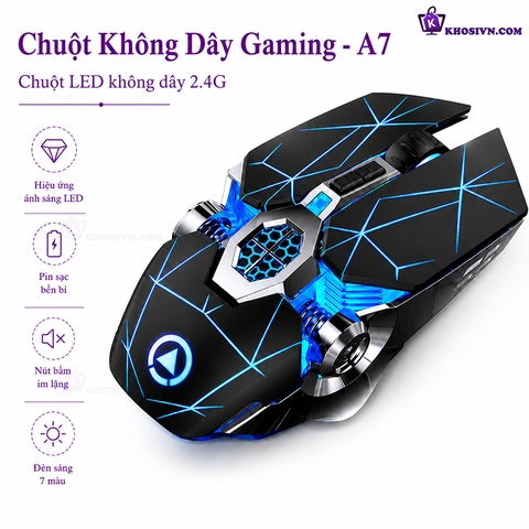 Chuột Gaming Không Dây Kết Nối 2.4G LED RGB 1600DPI Chơi Game, Chuột Văn Phòng A7