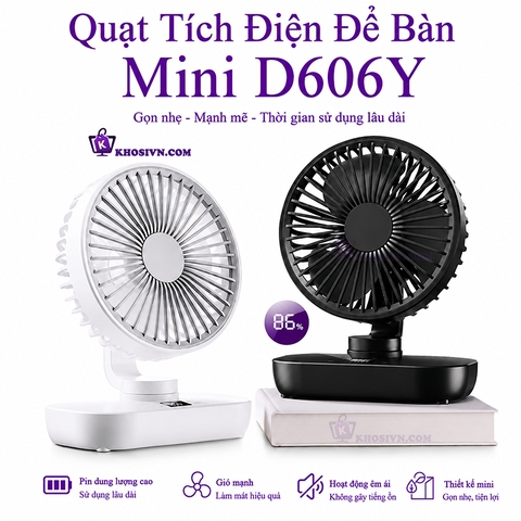 Quạt Để Bàn Văn Phòng Tích Điện Mini 4 Chế Độ Gió Pin trâu 5000mAh Tự Động Xoay Tiện Lợi D606Y