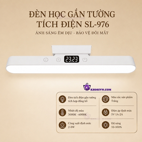 Đèn Học Tích Điện Gắn Tường 3 Màu Ánh Sáng Chống Cận Tích Hợp Đồng Hồ LED Xoay 80 Độ SL-976