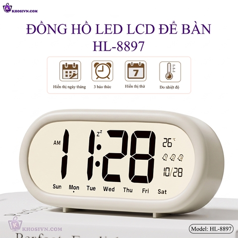 Đồng Hồ LED Màn Hình LCD Hiển Thị Thời Gian, Ngày Tháng Thứ, Tích Hợp 3 Cài Đặt Báo Thức HL-8897