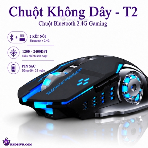 Chuột Gaming Không Dây Kết Nối Bluetooth 2.4G LED RGB 3200DPI Chơi Game, Chuột Văn Phòng T2