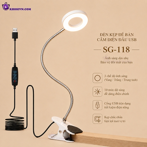 Đèn Học Cắm Điện USB Kẹp Để Bàn 3 Màu Ánh Sáng Có Thể Tùy Chỉnh Thân Uốn Lượn 360 Độ SG-118