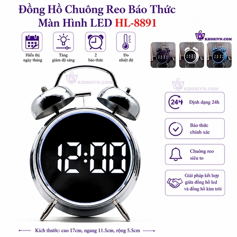 Đồng Hồ Chuông Reo Báo Thức Màn Hình LED Để Bàn Hiển Thị Thời Gian, Nhiệt Độ, Ngày Tháng HL-8891