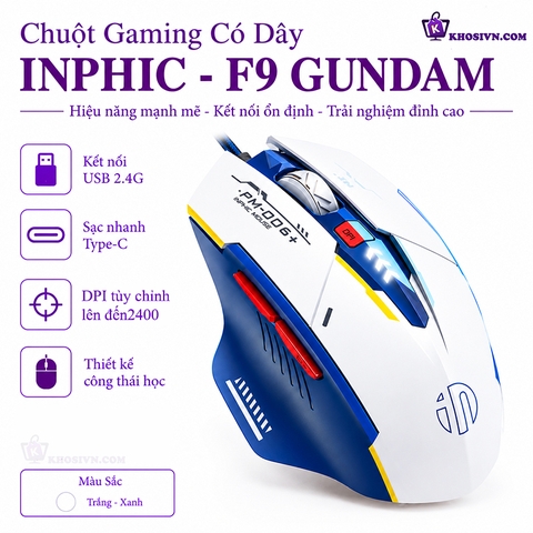 Chuột Gaming INPHIC Không Dây Kết Nối USB 2.4G Có LED Hiển Thị Pin 2400 DPI Chuyên Game - Inphic F9 GunDam