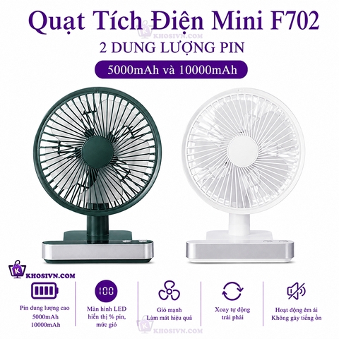 Quạt Để Bàn Văn Phòng Tích Điện To Tự Động Xoay Có Màn Hình LED Pin Trâu F702