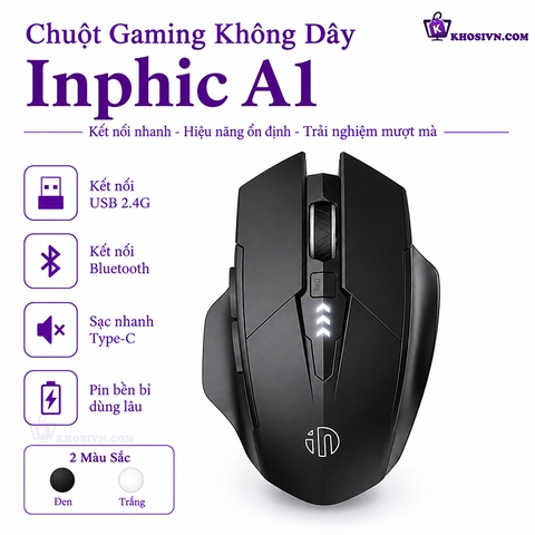Chuột Gaming INPHIC Không Dây Kết Nối Bluetooth/USB 2.4G Có LED Hiển Thị Pin 2400 DPI Chuyên Game - Inphic A1