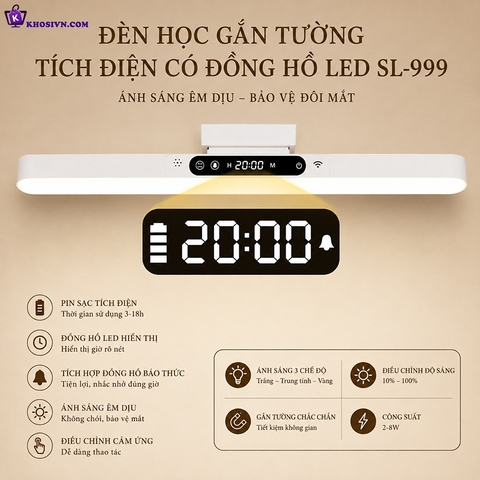 Đèn Học Tích Điện Gắn Tường Pin Sạc Đa Năng Tích Hợp Đồng Hồ Báo Thức LED 3 Màu Ánh Sáng Chống Cận SL-999