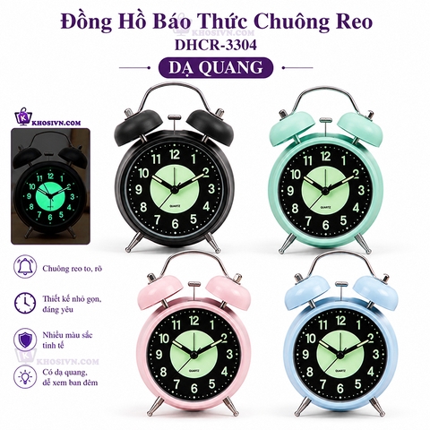 Đồng Hồ Chuông Reo Báo Thức Dạ Quang Để Bàn, Đồng Hồ Dạ Quang Báo Thức Để Bàn Kim Trôi DHCR-3304 Dạ Quang