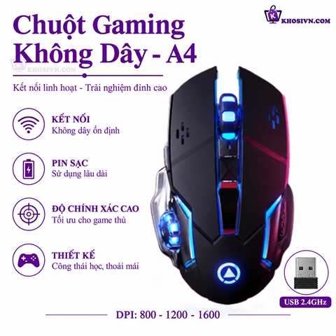 Chuột Gaming Không Dây Kết Nối 2.4G LED RGB 1600DPI Chơi Game, Chuột Văn Phòng A4