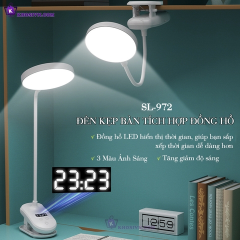 Đèn Tích Điện Kẹp Bàn Pin Sạc 2000mAh 3 Màu Ánh Sáng Tích Hợp Đồng Hồ SL-972