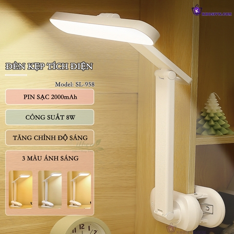 Đèn Tích Điện Kẹp Bàn, Để Bàn Sạc 3 Màu Ánh Sáng, Tăng Giảm Được Độ Sáng SL-958