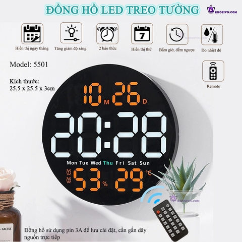 Đồng Hồ LED Decor Gắn Tường Đa Chức Năng Hình Tròn, Báo Thức, Đếm Giờ, Đếm Ngược Có Remote - 5501