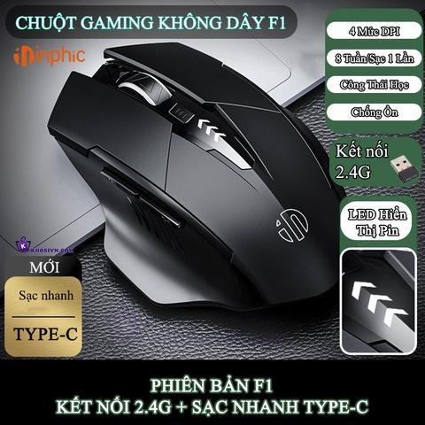 Chuột Gaming Inphic Máy Tính Không Dây Kết Nối 2.4G Công Thái Học Chống Mỏi Tay Click chống ồn - Inphic F1