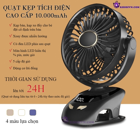 Quạt Kẹp Bàn Tích Điện Kẹp Xe Đẩy Cho Bé Sạc Pin Trâu 10000mAh Có Đèn Màn Hình LED 5 Cấp Độ Gió - N33