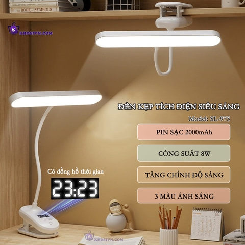 Đèn Bàn Tích Điện Kẹp Bàn Học Chống Cận 3 Màu Ánh Sáng Tích Hợp Đồng Hồ SL-975