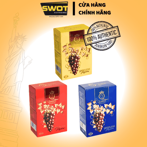 Nho Khô Queen Raisiins hộp giấy chữ nhật 90gr là món ăn vặt tự nhiên giàu dinh dưỡng - SWOT