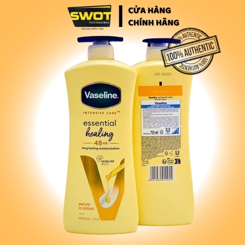 Sữa dưỡng thể Vaseline Essential Healing / Daily Brightening Chai 725ml, Dưỡng ẩm sâu, giúp cải thiện và duy trì làn da mềm mại, mịn màng - SWOT