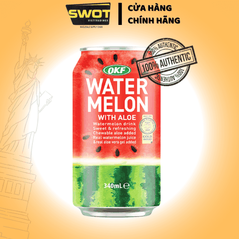 Nước dưa hấu nha đam 340ML OKF là sự hòa quyện giữa vị ngọt thanh của nước ép dưa hấu cùng với nha đam mềm dai, sần sật - SWOT