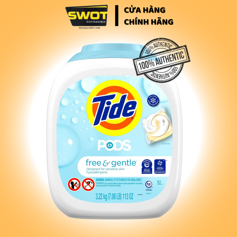 Viên giặt xả Tide Pods Free&Gentlea Mỹ 3.22kg 152 Viên giặt da nhạy cảm tẩy sạch vết bẩn mềm vải - SWOT