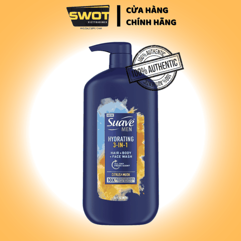 Sữa tắm gội Suave Men Hydrating 3in1 cho Nam của Mỹ chai 887ml - với công nghệ Triple Action cho khả năng làm sạch sâu, đánh bay dầu, mồ hôi, chất bẩn, dưỡng ẩm, hương thơm cam quýt và xạ hương tươi mát  - SWOT