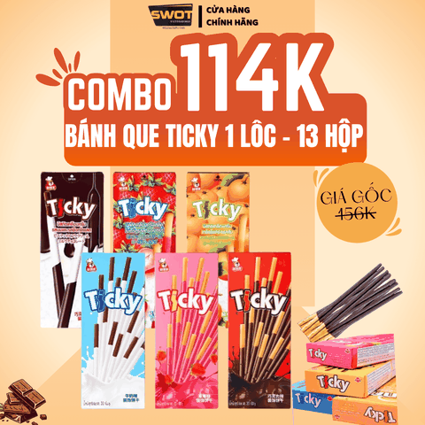 LỐC 13 HỘP BÁNH QUE TICKY THÁI LAN- VỊ DÂU I SỮA I SOCOLA I CAM -Dạng que giòn tan, bọc bên ngoài một lớp kem dâu hoặc kem sữa chocolate béo ngậy, thơm ngon - SWOT