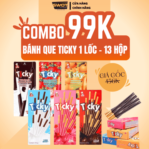 LỐC 13 HỘP BÁNH QUE TICKY THÁI LAN- VỊ DÂU I SỮA I SOCOLA I CAM -Dạng que giòn tan, bọc bên ngoài một lớp kem dâu hoặc kem sữa chocolate béo ngậy, thơm ngon - SWOT