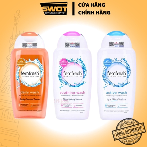 Dung dịch vệ sinh phụ nữ Femfresh 250ml, Dung dịch vệ sinh làm sạch, khử mùi, dịu nhẹ, cân bằng PH