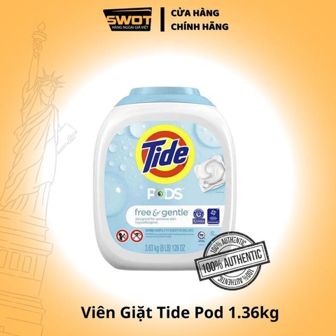 Viên giặt xả Tide Pods Free&Gentlea Mỹ 3.63kg 152V, Viên giặt da nhạy cảm tẩy sạch vết bẩn mềm vải