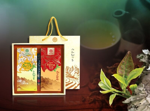 SÉT QUÀ: TẾT CÁT TƯỜNG ( HỘP TRÀ XANH SHAN CỔ THỤ ƯỚP NHÀI 80G+ HỘP HỒNG TRÀ TÚI LỌC 80G)