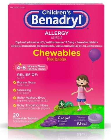 Viên nhai chống dị ứng dành cho trẻ em benadryl children's allergy chewables with diphenhydramine hcl antihistamine