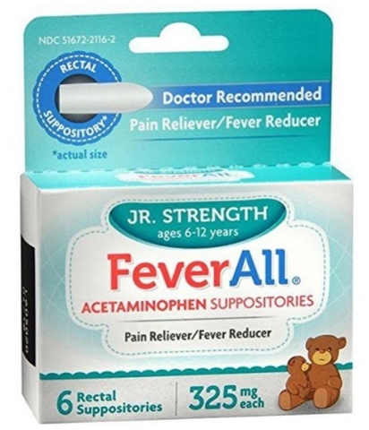 Thuốc giảm đau hạ sốt đặt hậu môn dành cho trẻ từ 6 - 12 tuổi feverall acetaminophen suppositories jr. strength