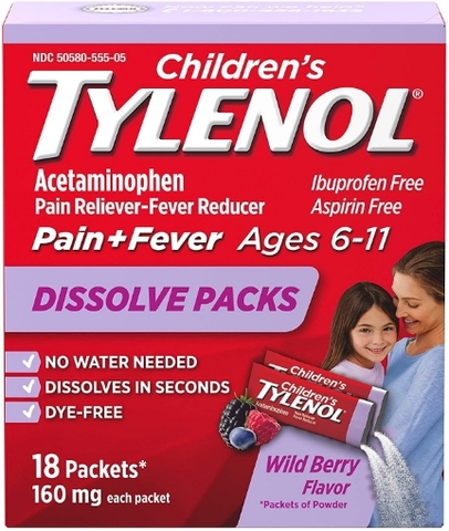 Thuốc giảm đau và hạ sốt dạng bột dành cho trẻ em từ 6-11 tuổi children's tylenol acetaminophen dissolve packs, 18 gói